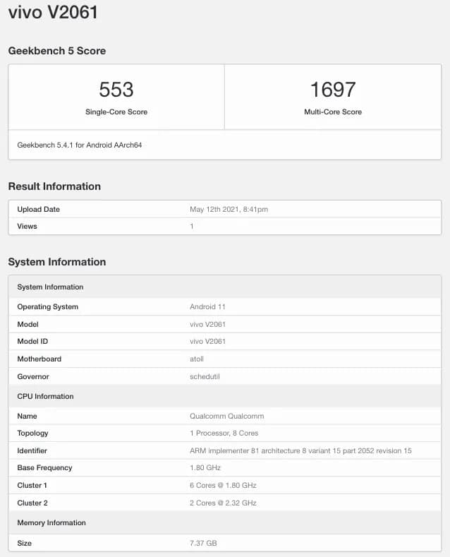 带有Snapdragon 720G SoC，8GB RAM的Vivo V21 SE出现在Geekbench列表中