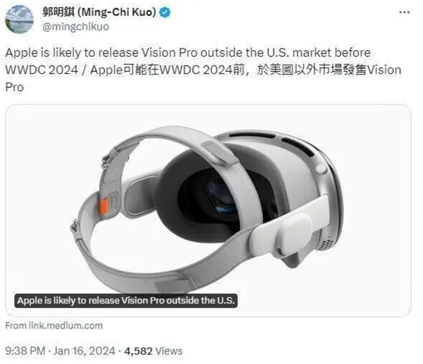 郭明錤:苹果Vision Pro将于WWDC 2024之前在全球发布