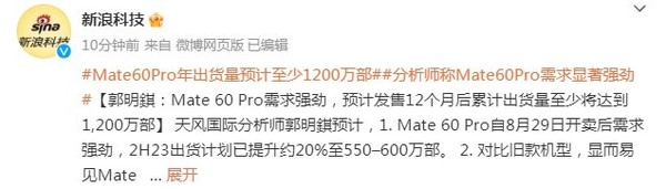 郭明錤：华为Mate60 Pro需求强劲 出货量至少1200万部