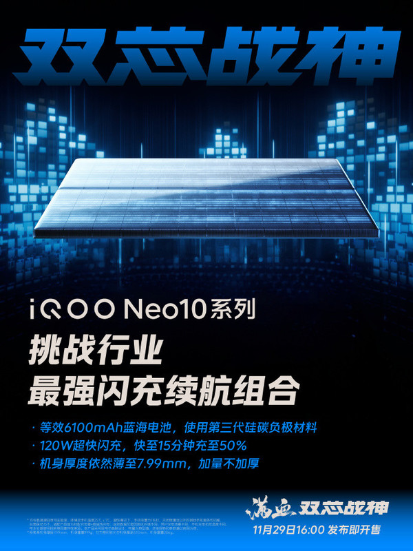 iQOO Neo10系列续航配置公布：6100mAh+120W闪充