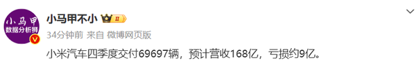 预计小米汽车2024Q4交付6.9万辆 营收168亿 亏损9亿