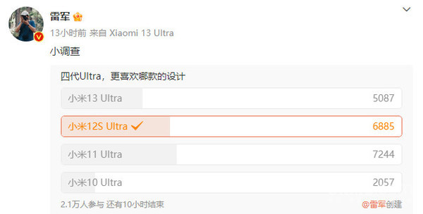 雷军：四代Ultra你最喜欢哪款的设计？超2万网友投票