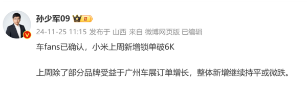 小米SU7上周新增锁单破6000 标准版下订还要等半年